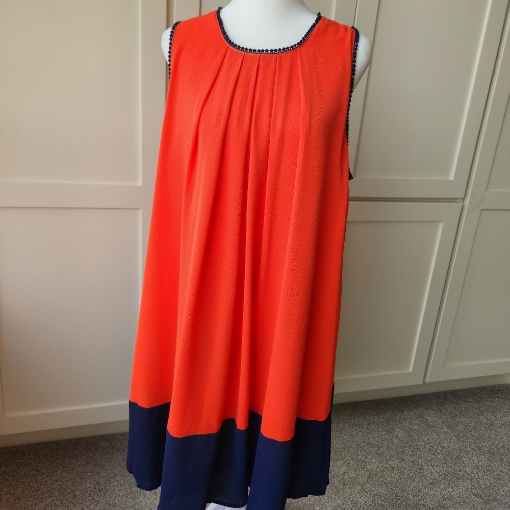 Umgee The Virginia Shift Dress Pleated Sleeveless Orange Navy Blue New Large - Picture 3 of 15